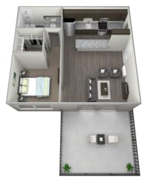 3D rendered  furnished drawing of one bedroom and one full bathroom and kitchen floorplan with private balcony. Approximately 550 square feet
