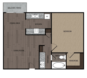 Rendered drawing of one bedroom one full bathroom and kitchen floorplan with private patio/balcony and walk in wardrobe. Approximately 636 square feet.