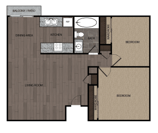 Rendered drawing of two bedroom one full bathroom and kitchen floorplan with private patio/balcony.. Approximately 840 square feet.