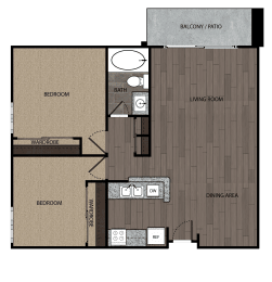 Two bedroom one bath apartment featuring a full kitchen and bathroom, and private patio/balcony. It is approximately 762 square feet, Floorplan is an artist rendering and all dimensions are approximate, Actual units vary in dimension and detail. Not all features are available in every unit. Prices and availability are subject to change without notice. Please call a representative for details