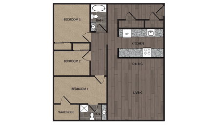 2D rendered drawing of three bedroom two full bathroom and kitchen floorplan. Approximately 1302 square feet.