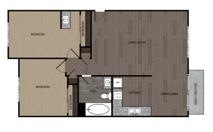 Rendered drawing of two bedroom one full bathroom and kitchen with private patio/balcony. Approximately 820 square feet.