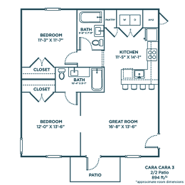 A floor plan of a house with a kitchen, three bedrooms, a bathroom, and a great room.