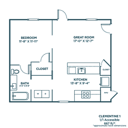 A floor plan of a Clementine 1 WA accessible home with a bedroom, bathroom, kitchen, and two closets.