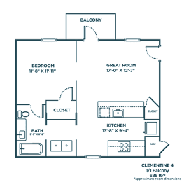 A floor plan of a home with a balcony and a great room.