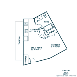 A floor plan of a studio apartment with a kitchen, bathroom, and living room.