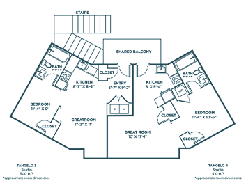 A floor plan of a house with a shared balcony and four bedrooms.
