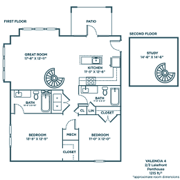 A floor plan of a two-story house with a garage and a study on the second floor.