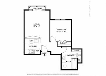 A floor plan of a home with a living room, bedroom, laundry, and kitchen.