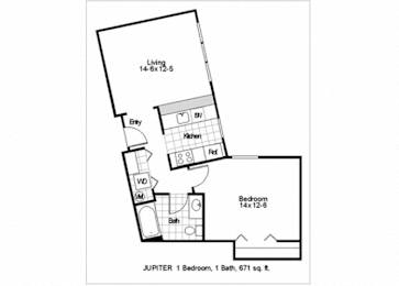 A floor plan of a one bedroom apartment with a bathroom and living room.