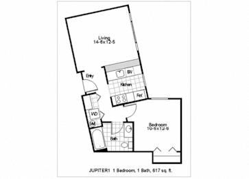 A black and white drawing of a house plan with a living room, two bathrooms, a kitchen, and a bedroom.