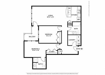 A floor plan of a home with two bedrooms, a living room, a kitchen, a laundry room, and two bathrooms.