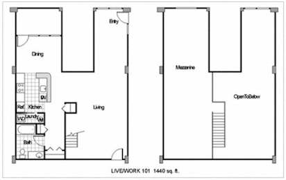 A floor plan of a 1440 square feet live/work space.