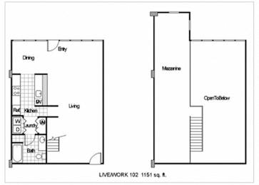 A floor plan of a live/work space is shown, with a living area, dining room, kitchen, bathroom, and open loft space.