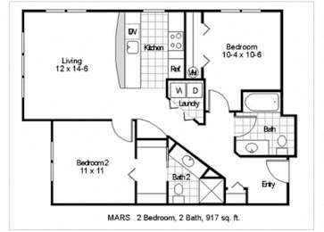 A black and white image of a floor plan for a 917 square foot home with two bedrooms and two bathrooms.