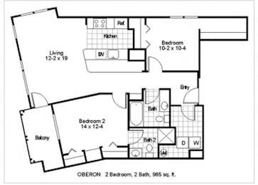 A black and white image of a floor plan for a home with two bedrooms and two bathrooms.