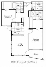A floor plan of a two bedroom apartment with two bathrooms.