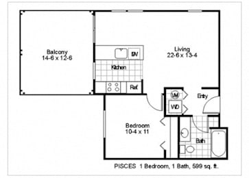 A floor plan of a one bedroom apartment in PISCES, with a balcony, living room, kitchen, bathroom and bedroom.