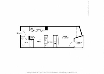 A floor plan of a small apartment with a sleeping area, a kitchen, and a bathroom.