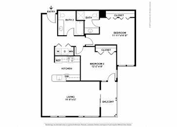 A floor plan of a home with a living room, two bedrooms, a bathroom, a kitchen, and a balcony.