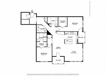 A floor plan of a house with two bedrooms, a balcony, and a laundry room.