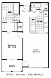A floor plan of a one bedroom apartment with a bathroom, living room, and kitchen.