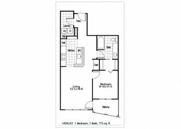 A black and white image of a floor plan for a one bedroom, bath unit.