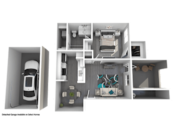 A 3D floor plan of a house with a garage and a car.