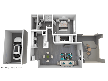 A 3D floor plan of a house with a garage and a living room.