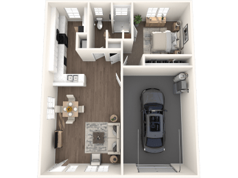a 1 bedroom floor plan with a car in the garage
