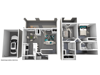 A 3D floor plan of a house with a car parked in the garage.