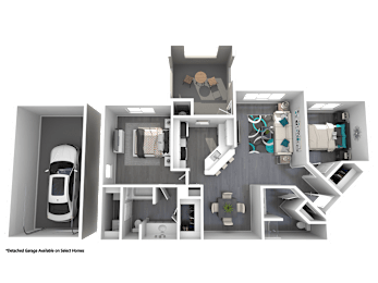A 3D floor plan of a house with a garage and a car.