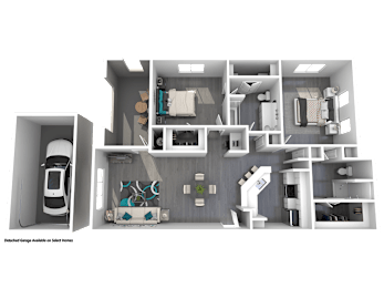 A 3D rendered image of a house layout with a car.