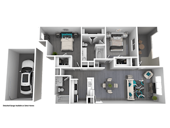 A 3D floor plan of a compact living space with a kitchen, living room, and bedroom.