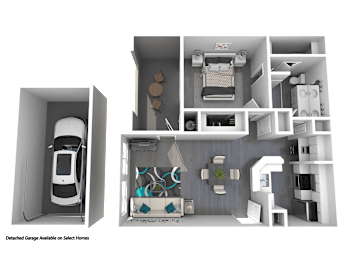 A detailed cutaway drawing of a house showing the interior layout of a bedroom, living room, kitchen, and garage.