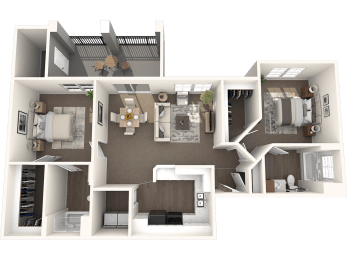 a 3d rendering of a floor plan with a bedroom and a living room