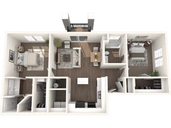 a 3d rendering of a floor plan with a bedroom and a bathroom