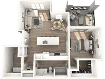 a 3d rendering of a floor plan with a bedroom and a living room