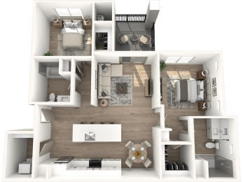 a 3d rendering of a bedroom and living room with a wood floor