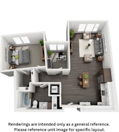 a 1 bedroom floor plan with a bathroom and a kitchen