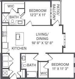 A black and white image of a house floor plan with a living/dining area, two bedrooms, a kitchen, and a bathroom.