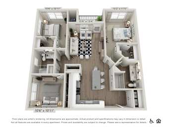 3 Bedroom 2 Bath Apartment Floor Plan at View on Centennial
