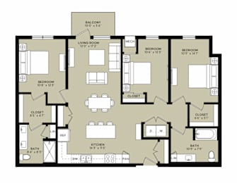 A floor plan of a house with a balcony, living room, kitchen, and multiple bedrooms.