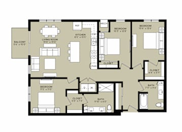 A floor plan of a house with a living room, kitchen, two bedrooms, and a bathroom.