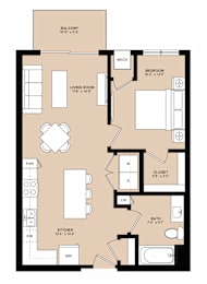 A floor plan of an apartment with a living room, kitchen, bathroom, and two bedrooms.