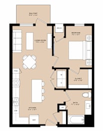 A floor plan of an apartment with a living room, kitchen, bathroom, and bedroom.