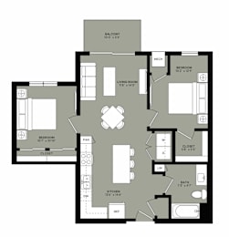 A floor plan of a house with a balcony, two bedrooms, a living room, a kitchen, a bathroom, and a closet.