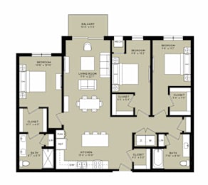 A floor plan of a house with two bedrooms, a living room, a kitchen, a bathroom, and a balcony.