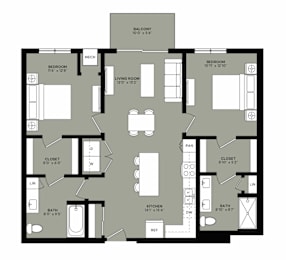 A floor plan of a house with a balcony, two bedrooms, a living room, a kitchen, a bathroom, a closet, and a laundry area.