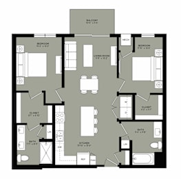 A floor plan of a house with a balcony, two bedrooms, a living room, a kitchen, a bathroom, a closet, and a reference point.